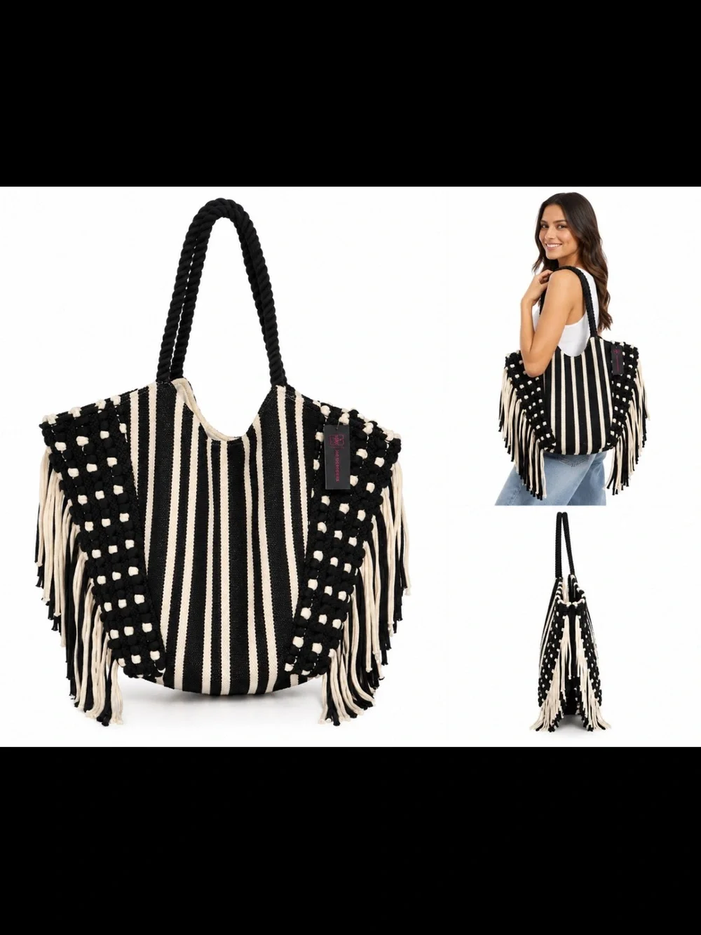 NWT- no boundaries ,Striped Fringe Tote Bag - Black & Cream w/ 2 inside pockets.